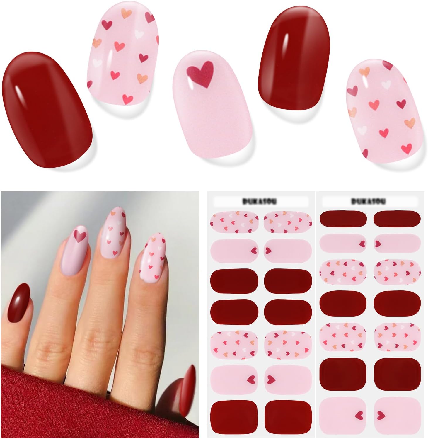 Dukasou semi cured gel nail strips lovers love heart design front view