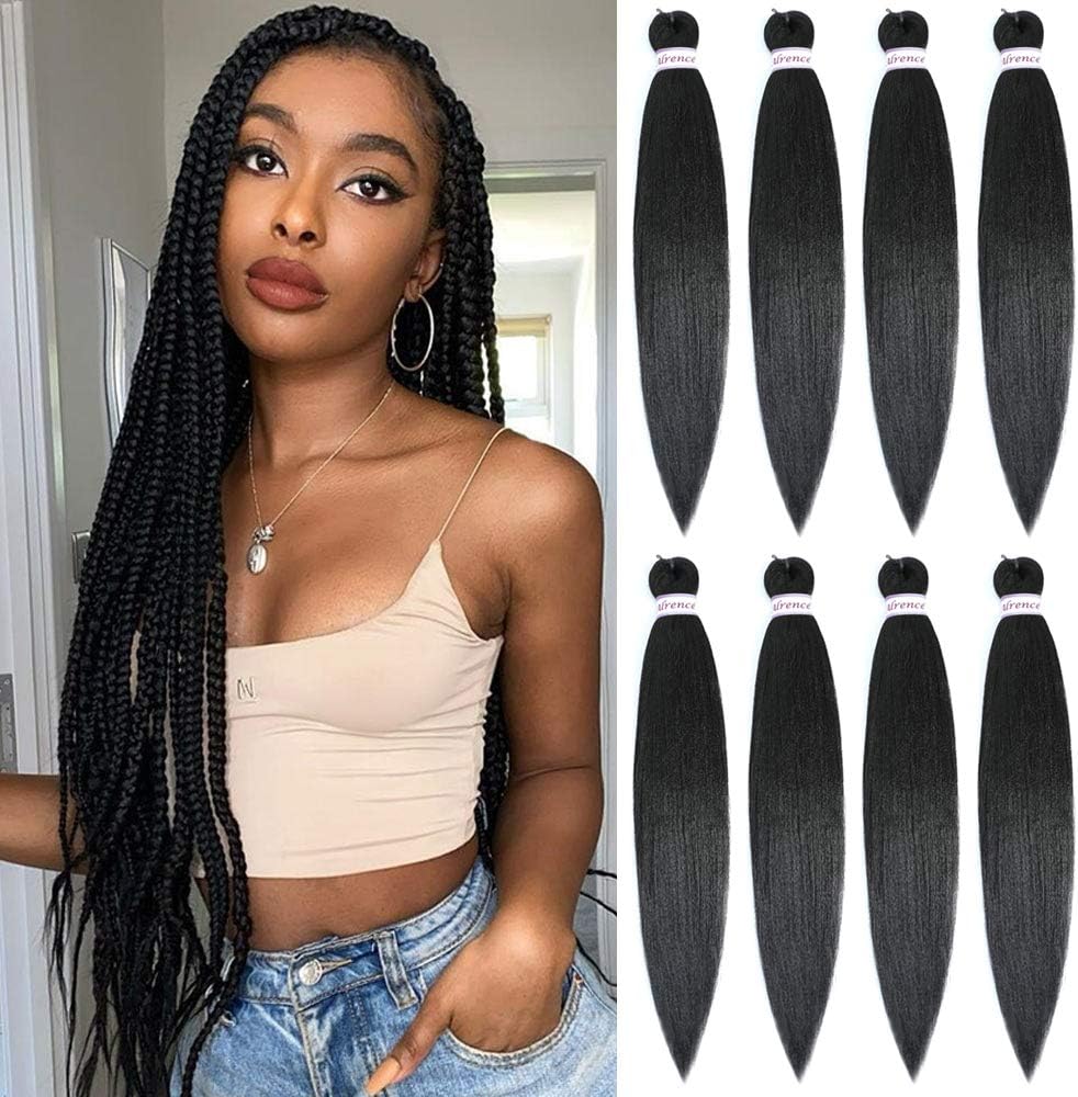 Alrence pre stretched braiding hair front view showing eight packs of long synthetic braids extensions.