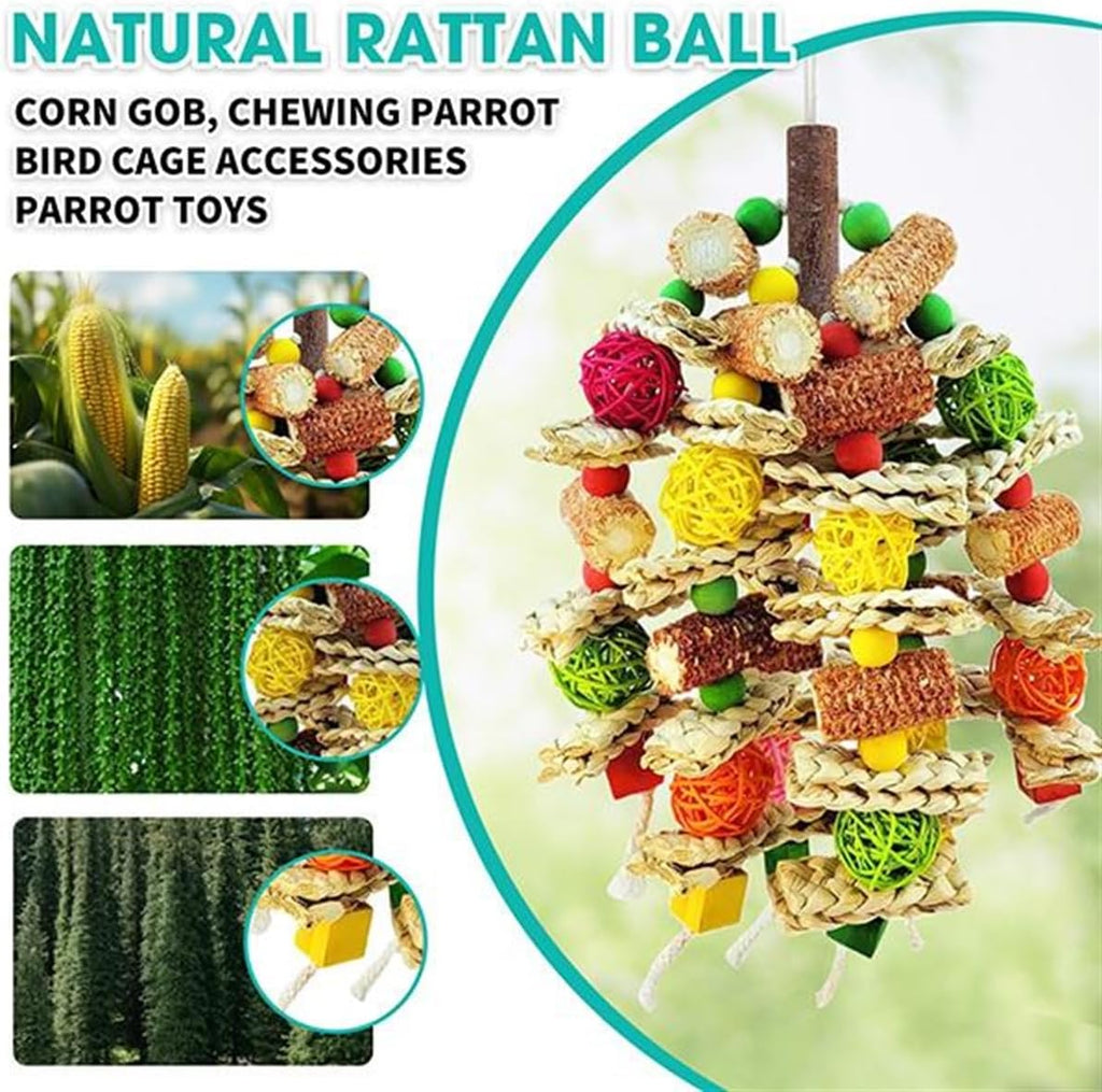 Hanging shredding toy showing seagrass weave
