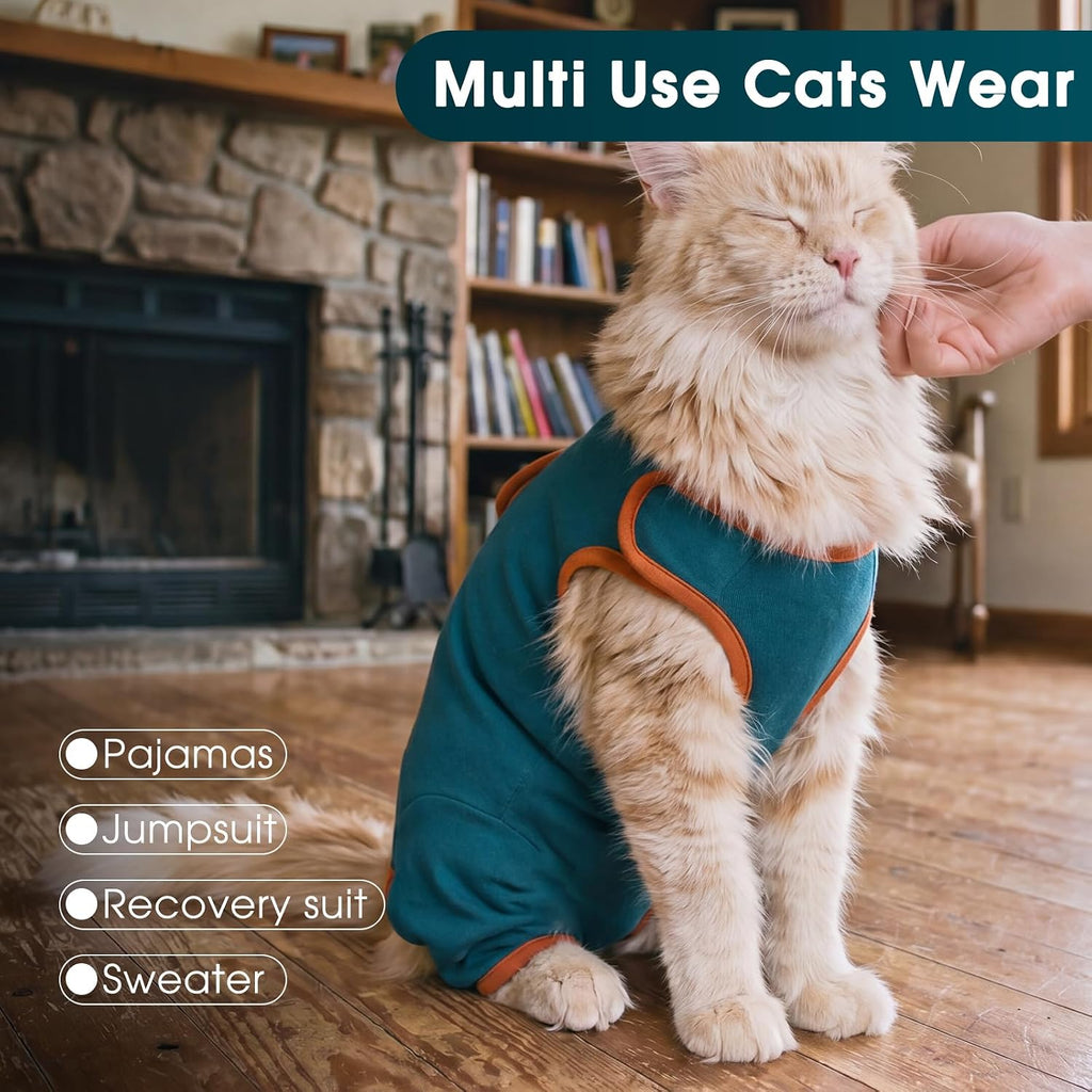 Adjustable hook and loop neck detail on cat recovery suit