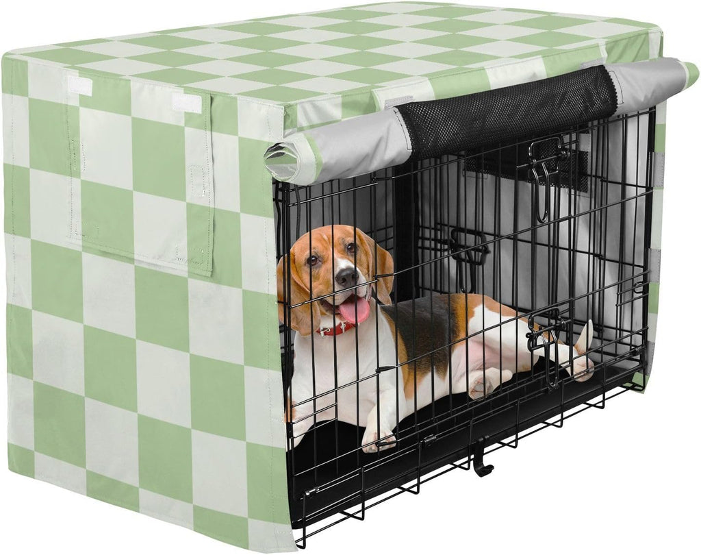Breathable pet cage cover in checkered design showing secure side panel fit.