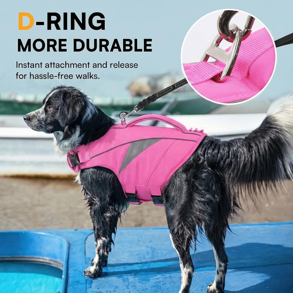 Reflective safety strips on pink Queenmore doggie swimming preserver.