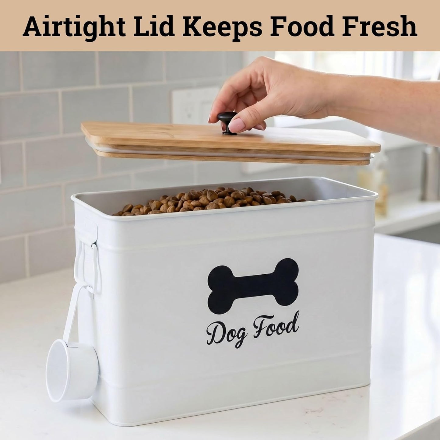 Dog Food Container Airtight 15-20 lb (70 Cup) Capacity with Metal Scoop - Cute Airtight Dog Food Storage Container with Bamboo Lid - White Metal Kibble Storage Bin for Dogs up to 100 lbs - Big Pet Jar - Image 4