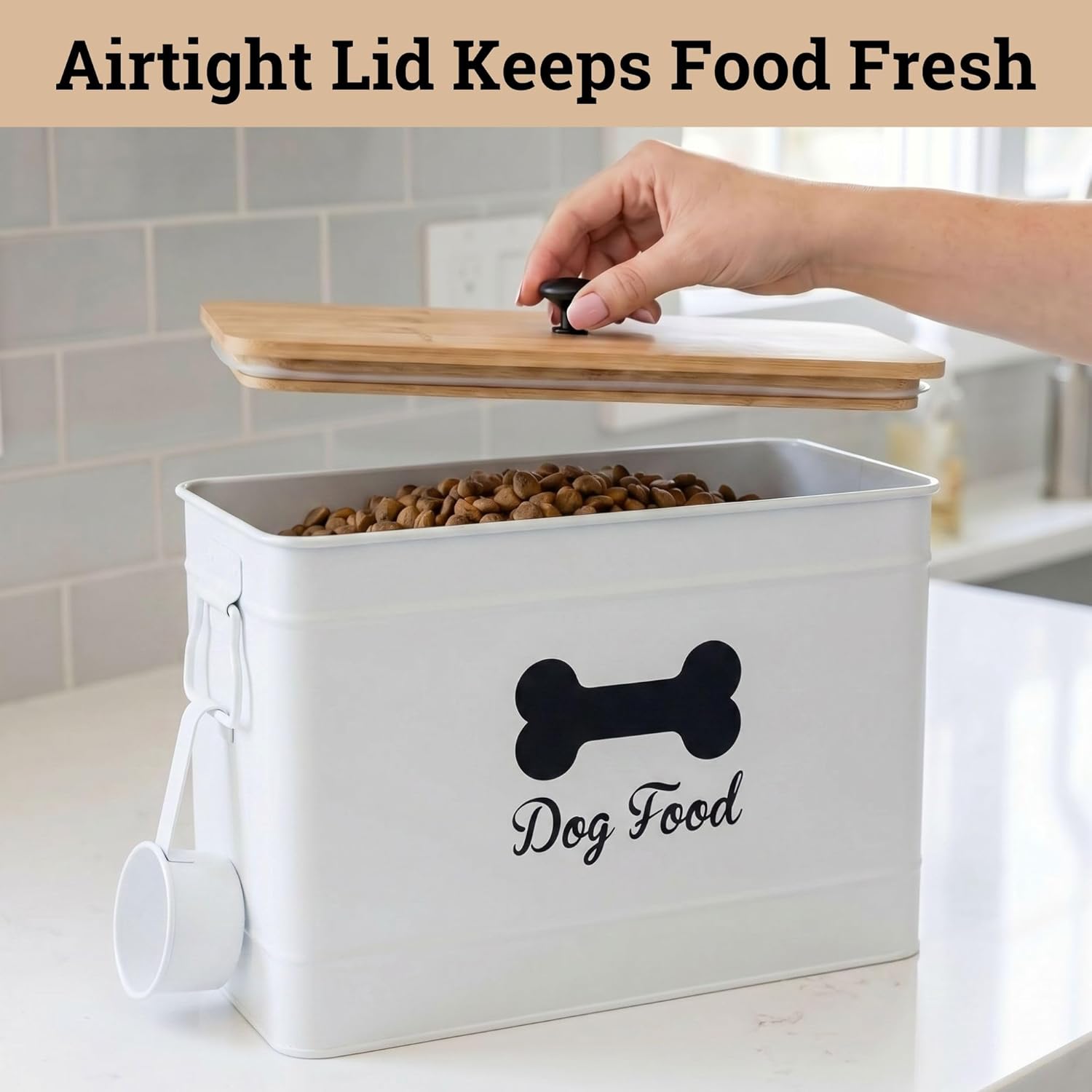 Dog Food Container Airtight 15-20 lb (70 Cup) Capacity with Metal Scoop - Cute Airtight Dog Food Storage Container with Bamboo Lid - White Metal Kibble Storage Bin for Dogs up to 100 lbs - Big Pet Jar - Image 4