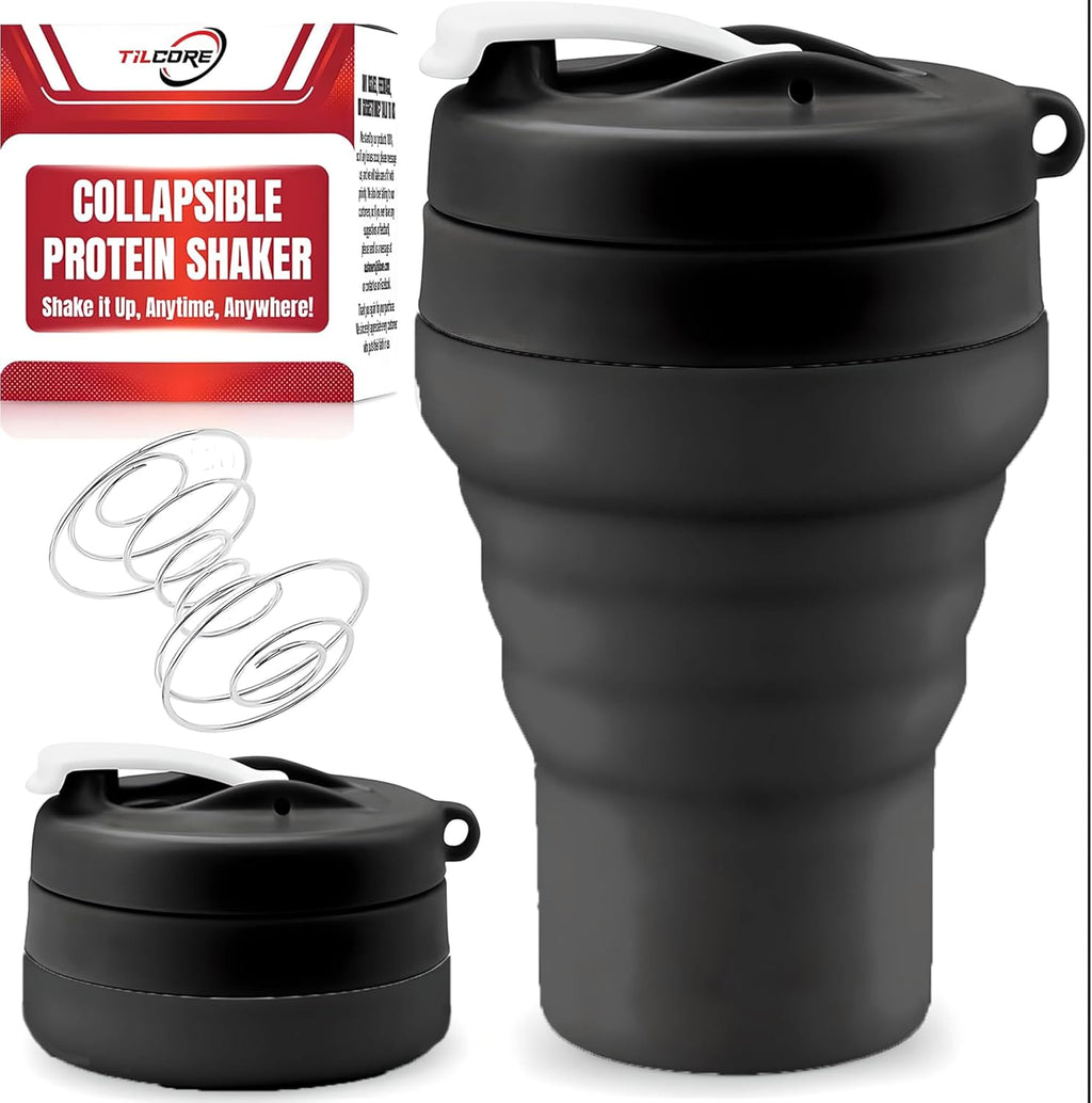 Tilcore collapsible water bottle in black silicone with mixing ball for protein shakes