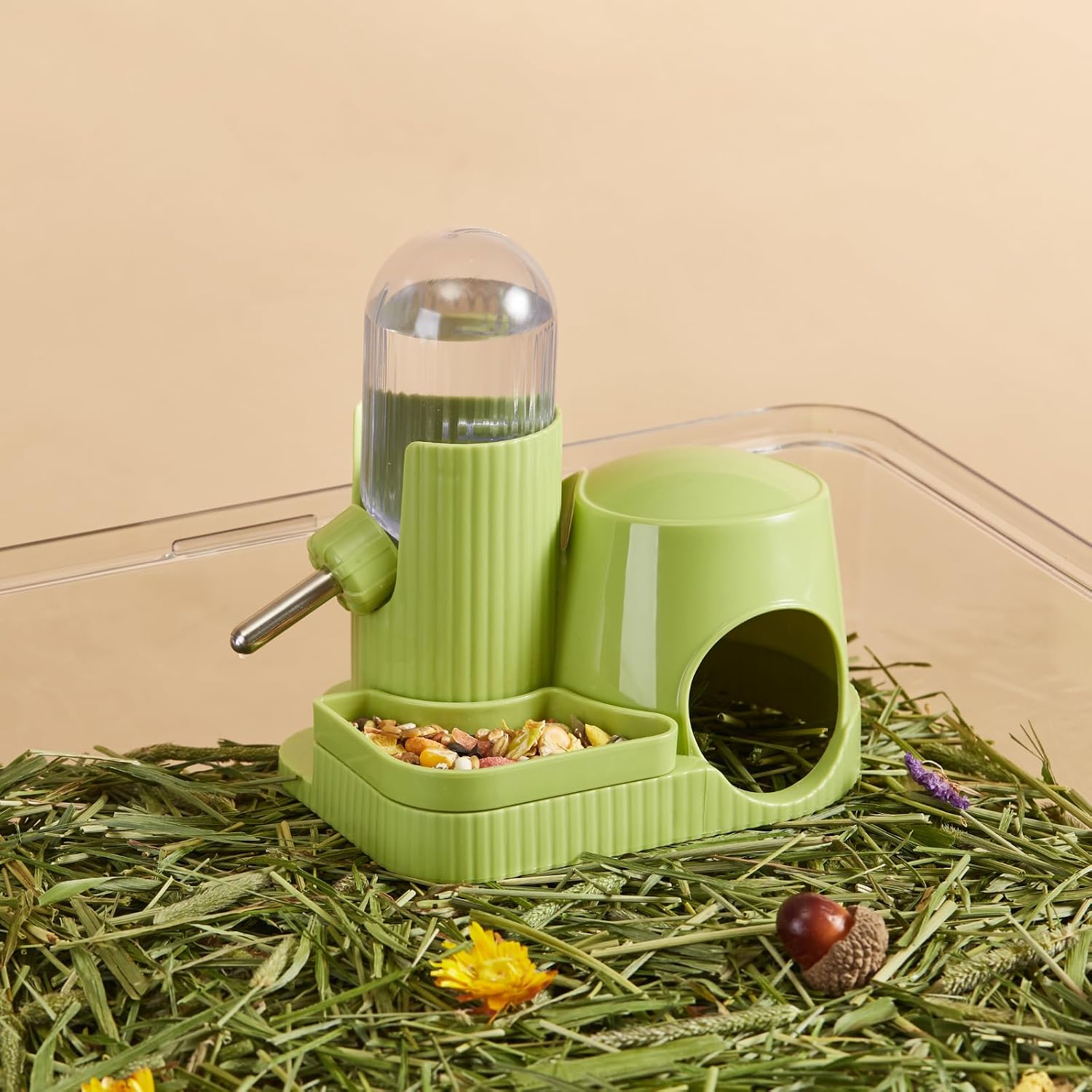 3 in 1 Hamster Water Bottle No Drip Automatic Leakproof Dispenser with Food Container and Hideout Base for Gerbil Rat Dwarf Hamster Mouse (Green, 3.4oz) - Image 7