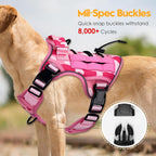 Adjustable pink camouflage dog harness with dual metal leash clips for no pull control