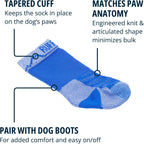 Side profile of canine paw wearing blue Ruffwear boot liner