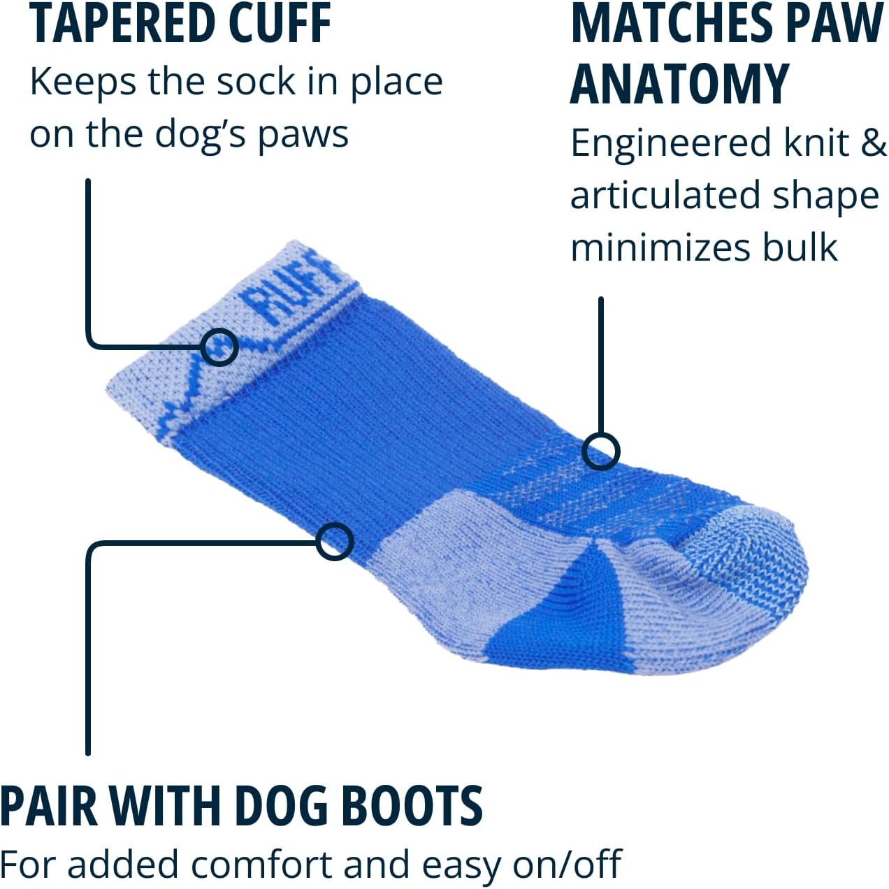 Side profile of canine paw wearing blue Ruffwear boot liner