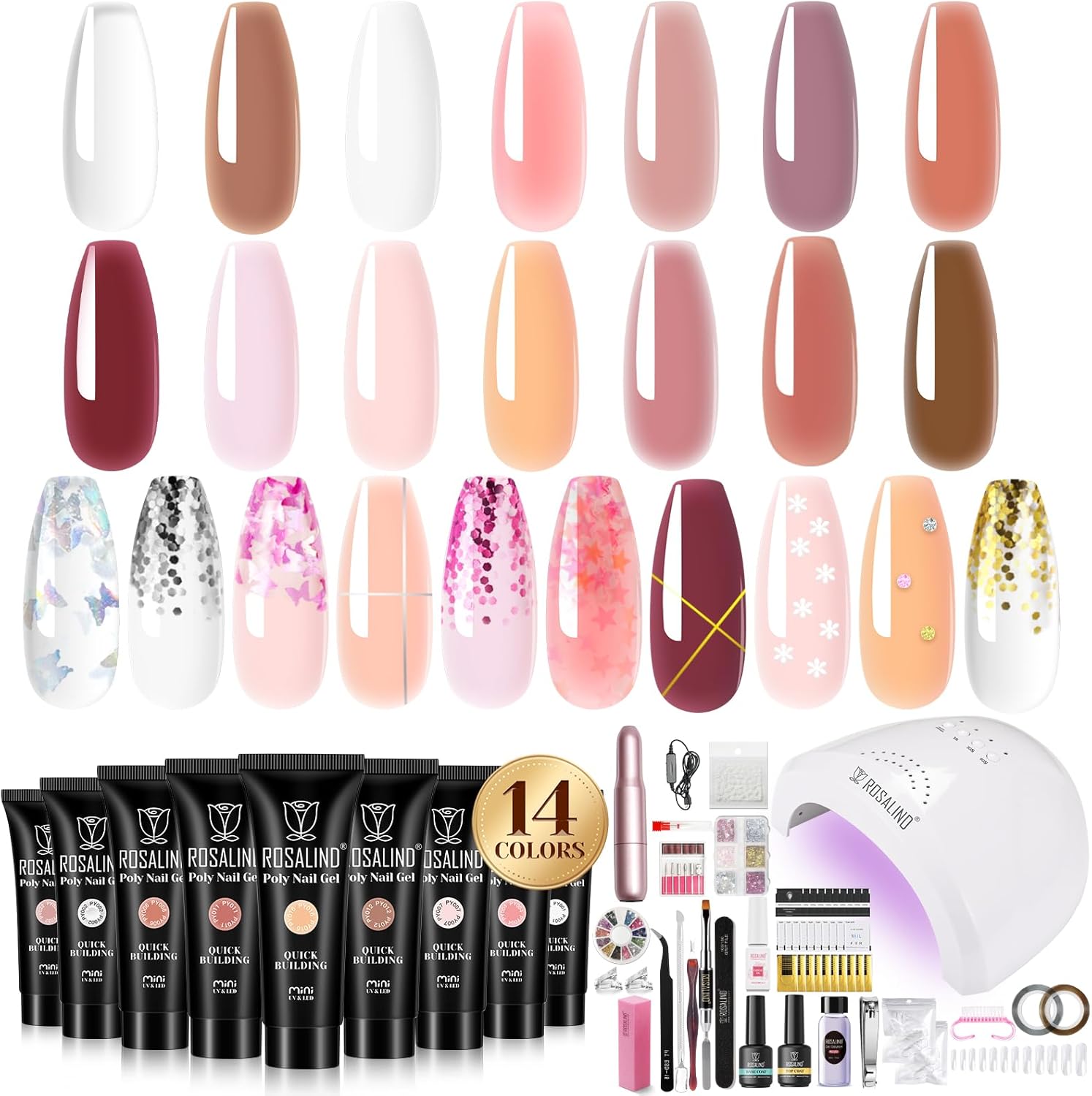 Rosalind Poly Nail Gel Kit front view showing 14 gel tubes and tools