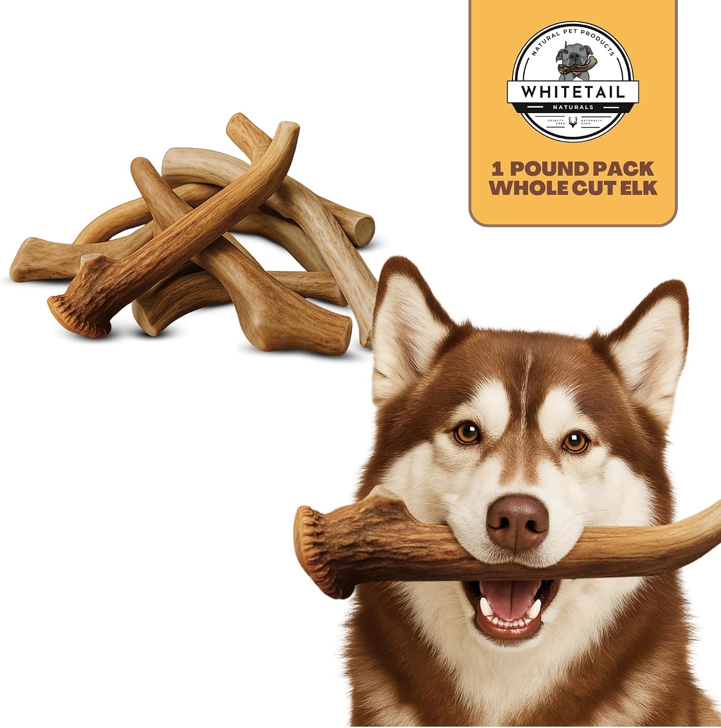 WhiteTail Naturals pet care collection featuring imported USA premium deer horn treats packaging.