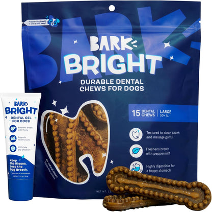 Medium breed dog enjoying Barkbox Bright dental chew