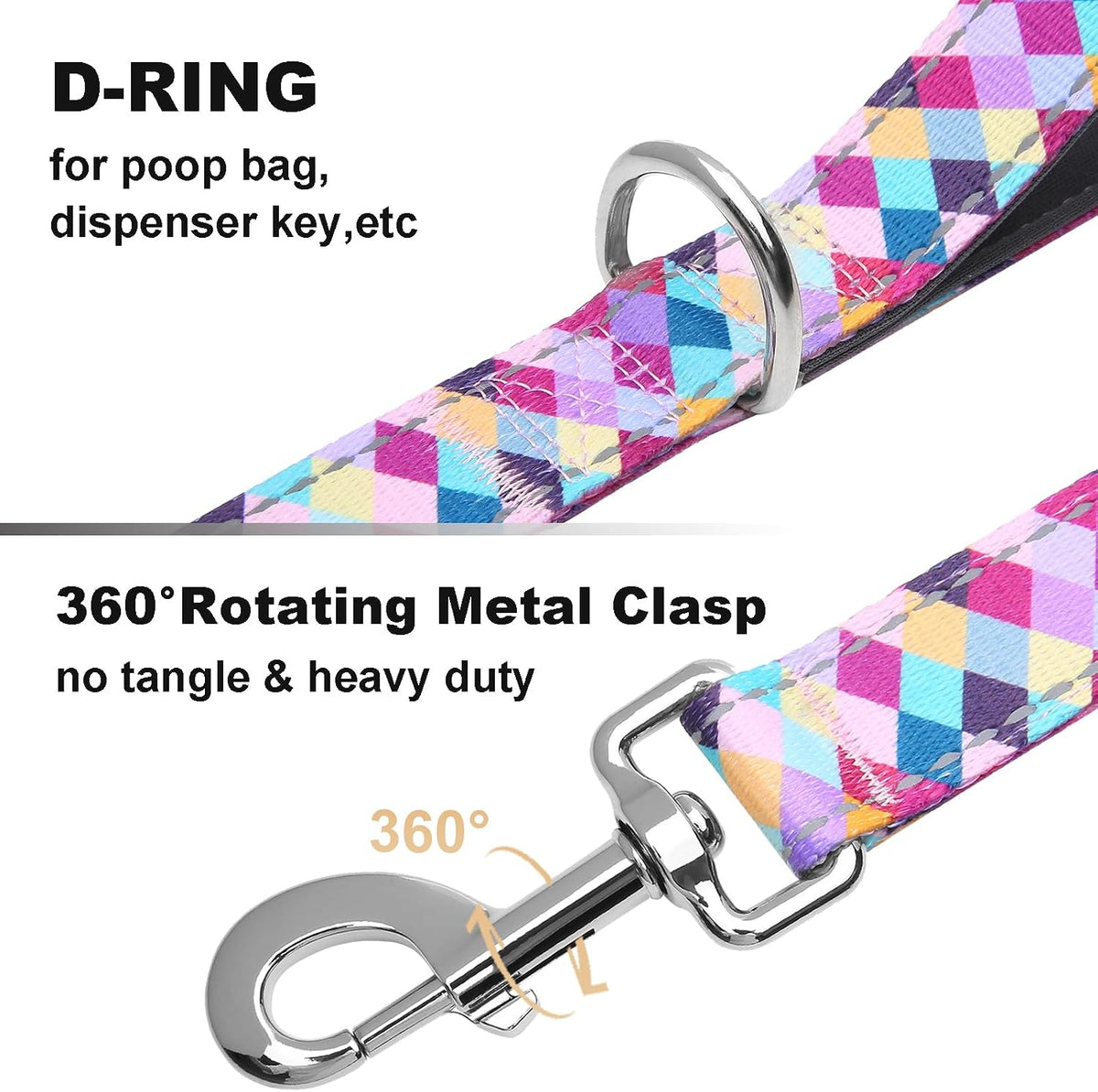 Heavy duty nylon pet leash showing dual padded neoprene handles.