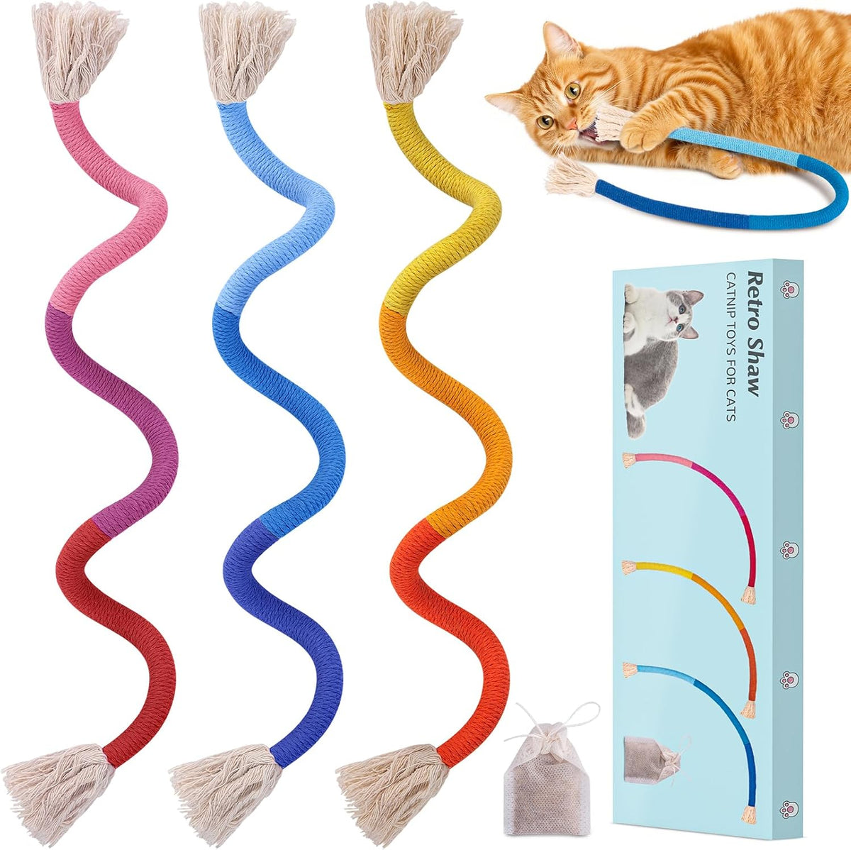 Retro Shaw cat toys chew ropes three pack front view