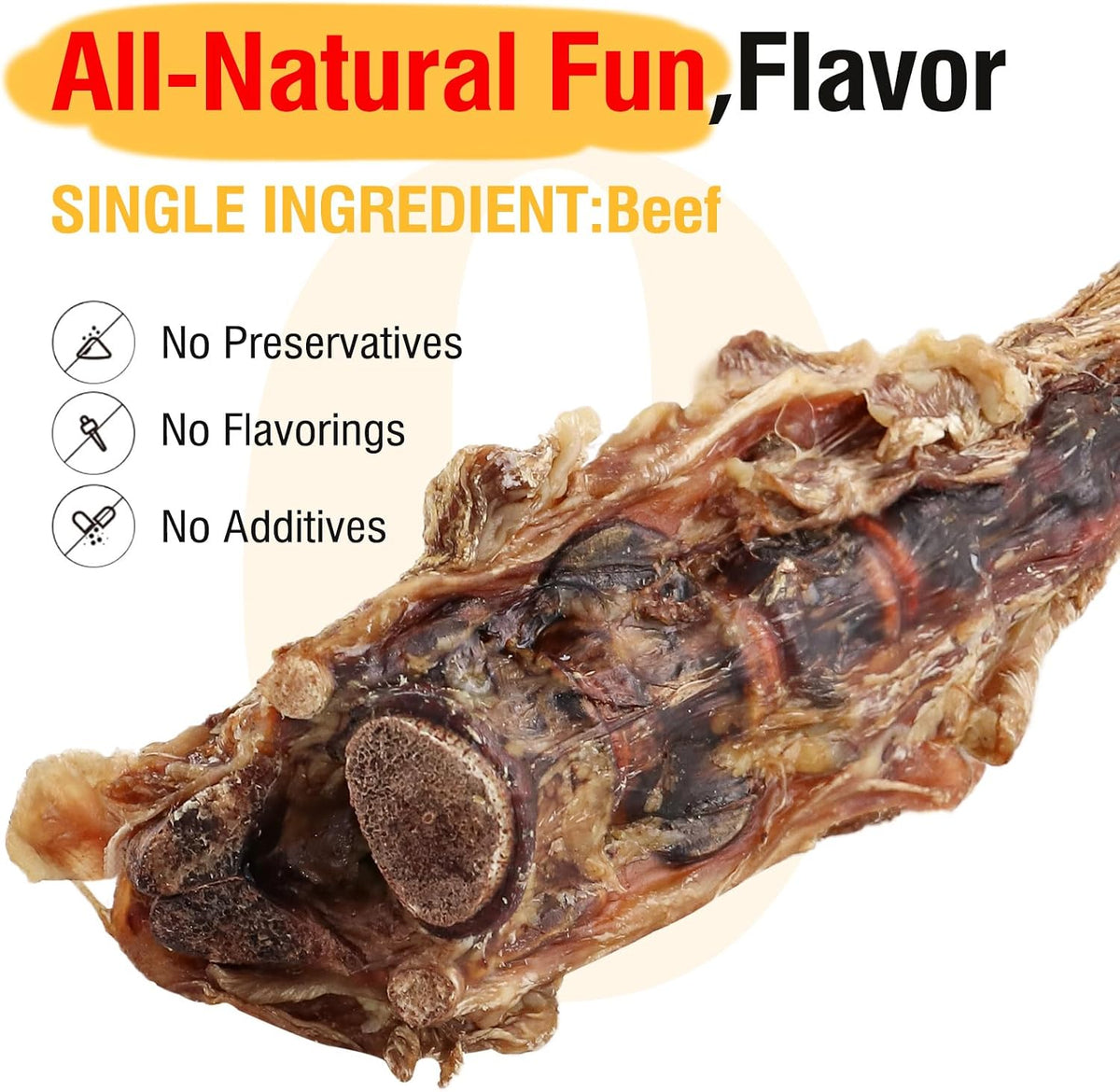 Single ingredient digestible beef tail bone dog chew treats packaging back.