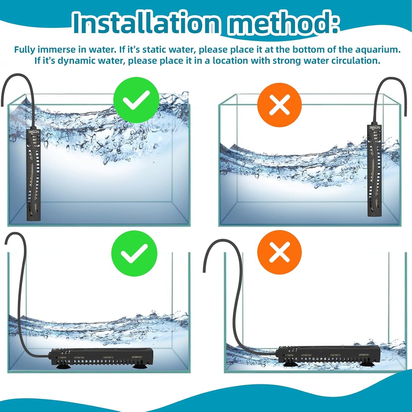 Seaoura small aquarium heater mounted inside a fish tank with suction cups