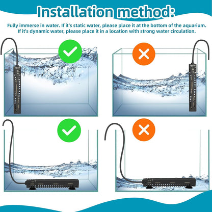 Seaoura small aquarium heater mounted inside a fish tank with suction cups