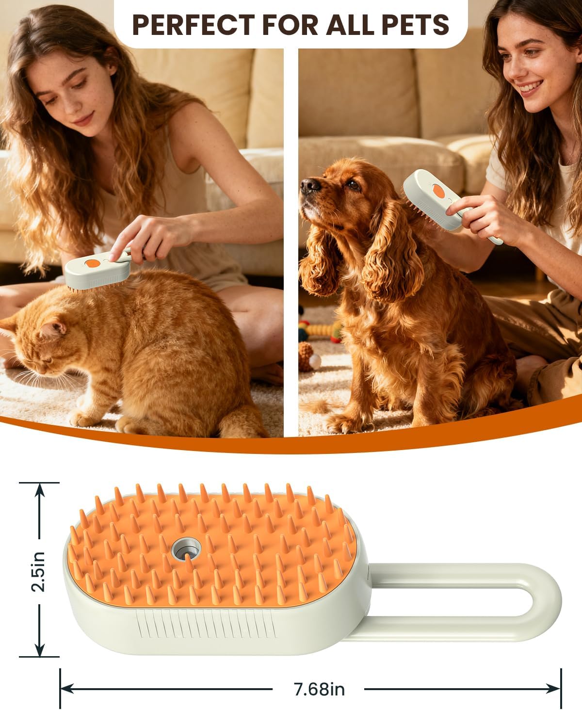 Lifestyle shot of pet being groomed with ACITMLLC steam brush