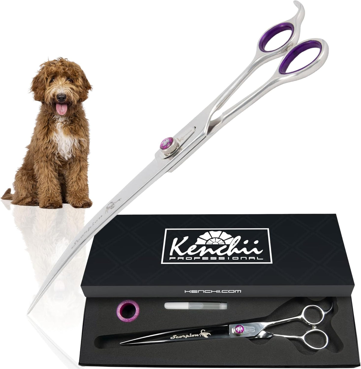Kenchii Scorpion 9 inch curved dog grooming scissors front view highlighting the purple rhinestone tension dial.