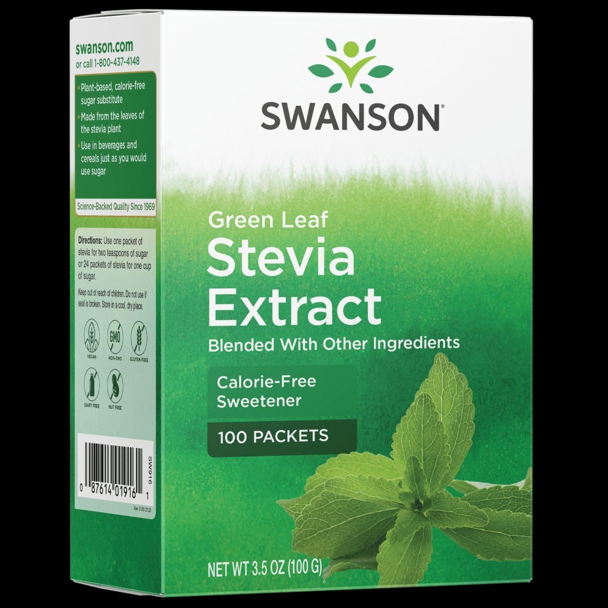 Swanson Green Leaf Stevia Extract 100 Packets front view of box showing natural sugar substitute packaging