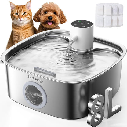 Feelneedy 8 Liter stainless steel pet water fountain front view