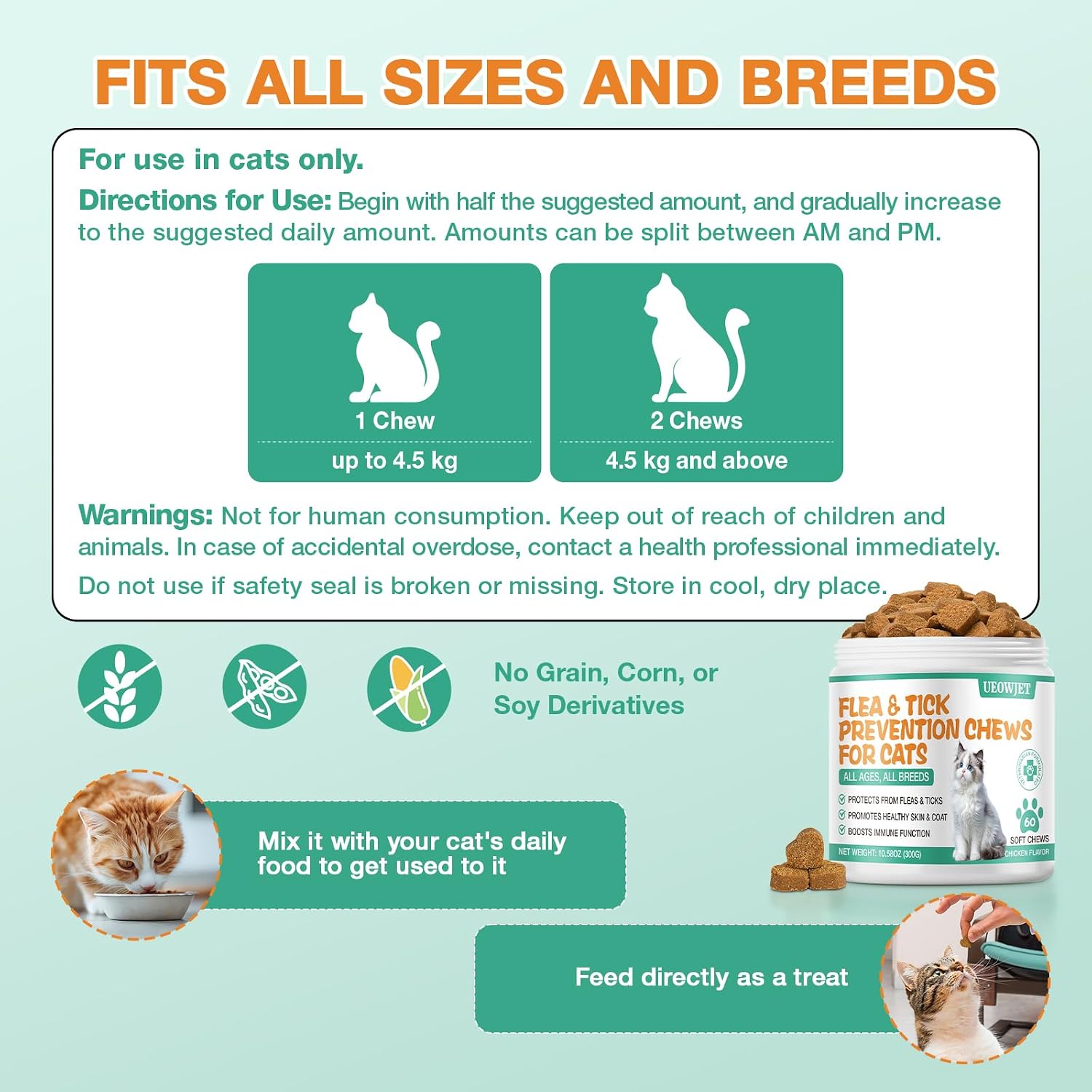 Ingredient list and nutritional support on cat supplement bottle