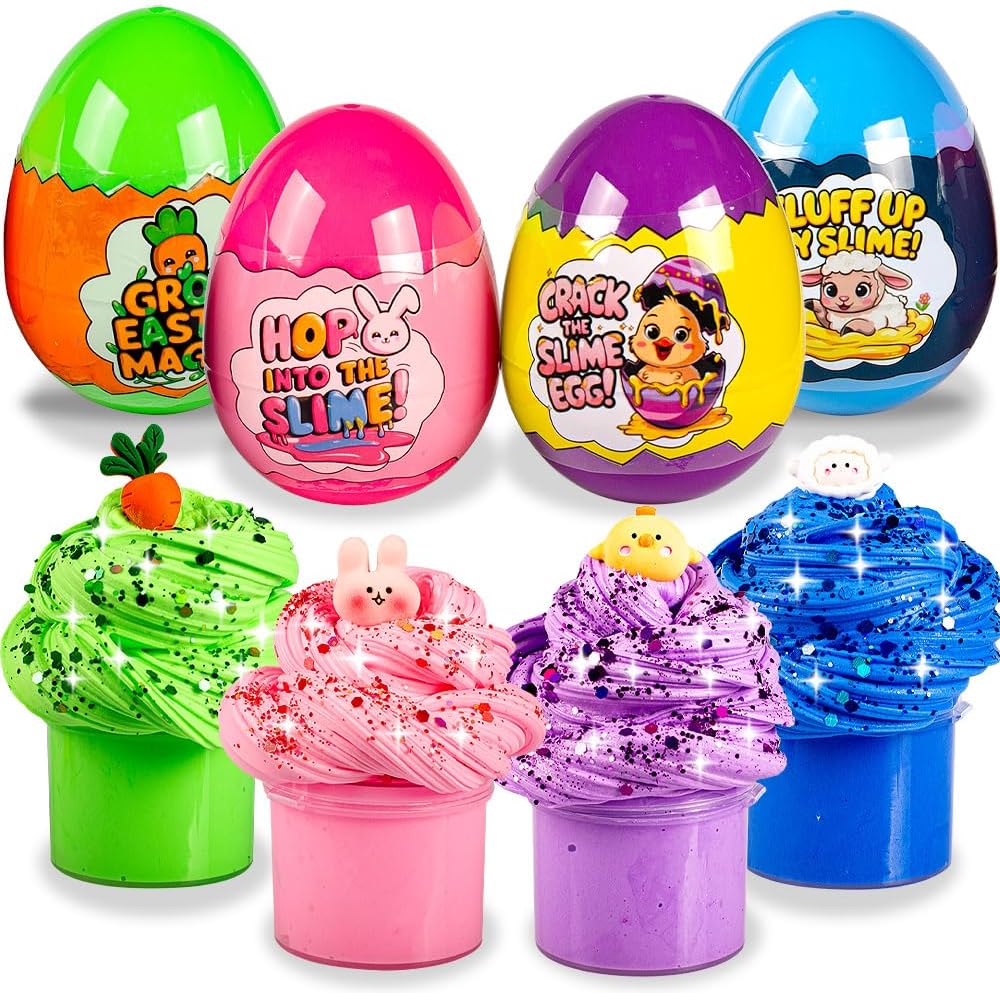 Waybla Easter Basket Stuffers 4-Pack Butter Slime Eggs front view showing four colorful plastic eggs packed with toys.