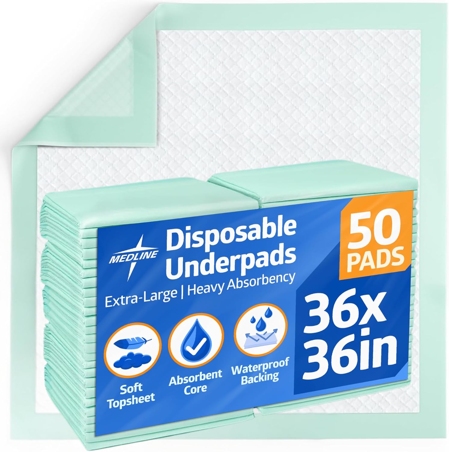 Medline Heavy Absorbency Disposable Underpads packaging front view showing authentic imported branding.