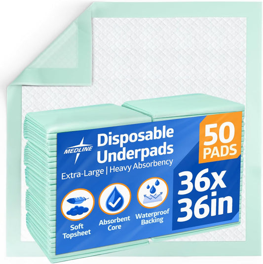 Medline Heavy Absorbency Disposable Underpads packaging front view showing authentic imported branding.