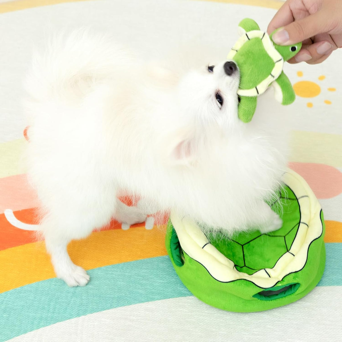 Close up of the reinforced stitching on the soft textured pet plush fabric