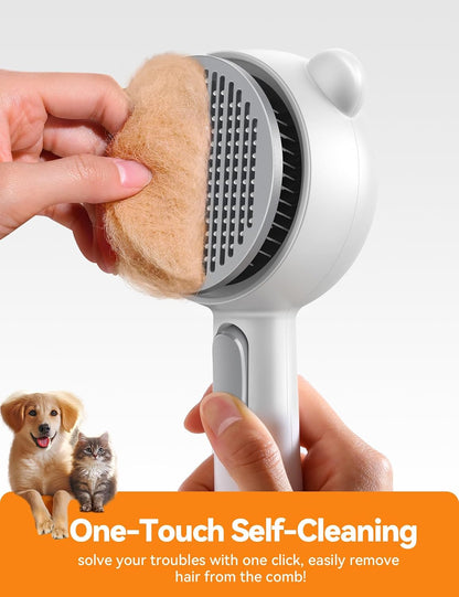 FEELNEEDY pet grooming tool demonstrating the dual-speed cool mist spray function on a long-haired cat