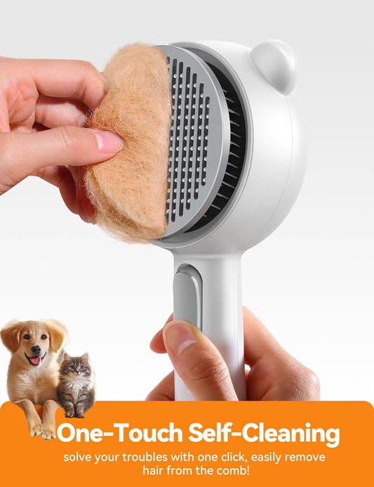 FEELNEEDY pet grooming tool demonstrating the dual-speed cool mist spray function on a long-haired cat