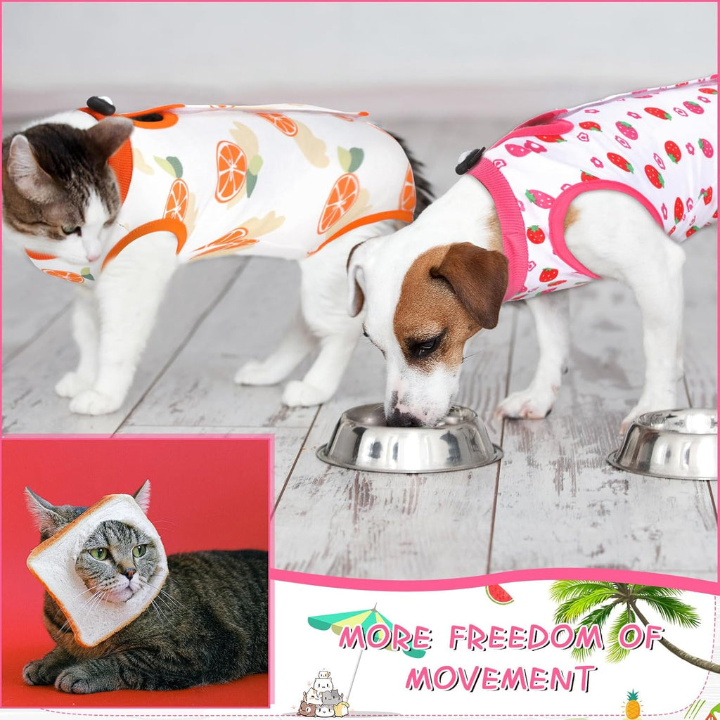 Nuanchu anti licking cat pajama bundle containing three pieces of colorful pet apparel.