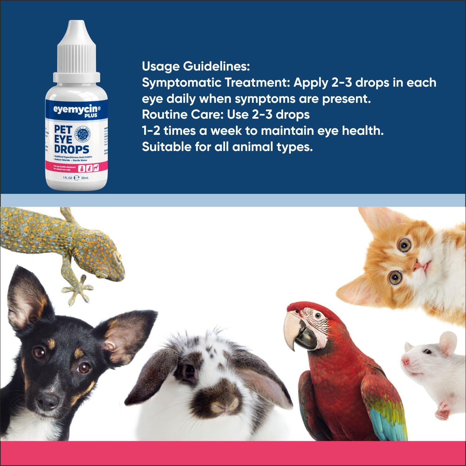 Precise applicator nozzle on a pet eye drop bottle for easy administration