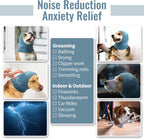 Dog wearing Nanaki ear protector during grooming session