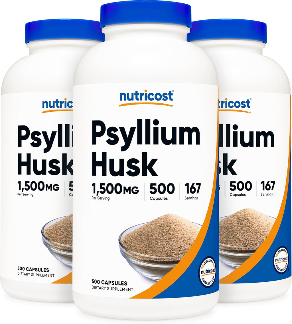 Nutricost Psyllium Husk 1500mg capsules arranged for display