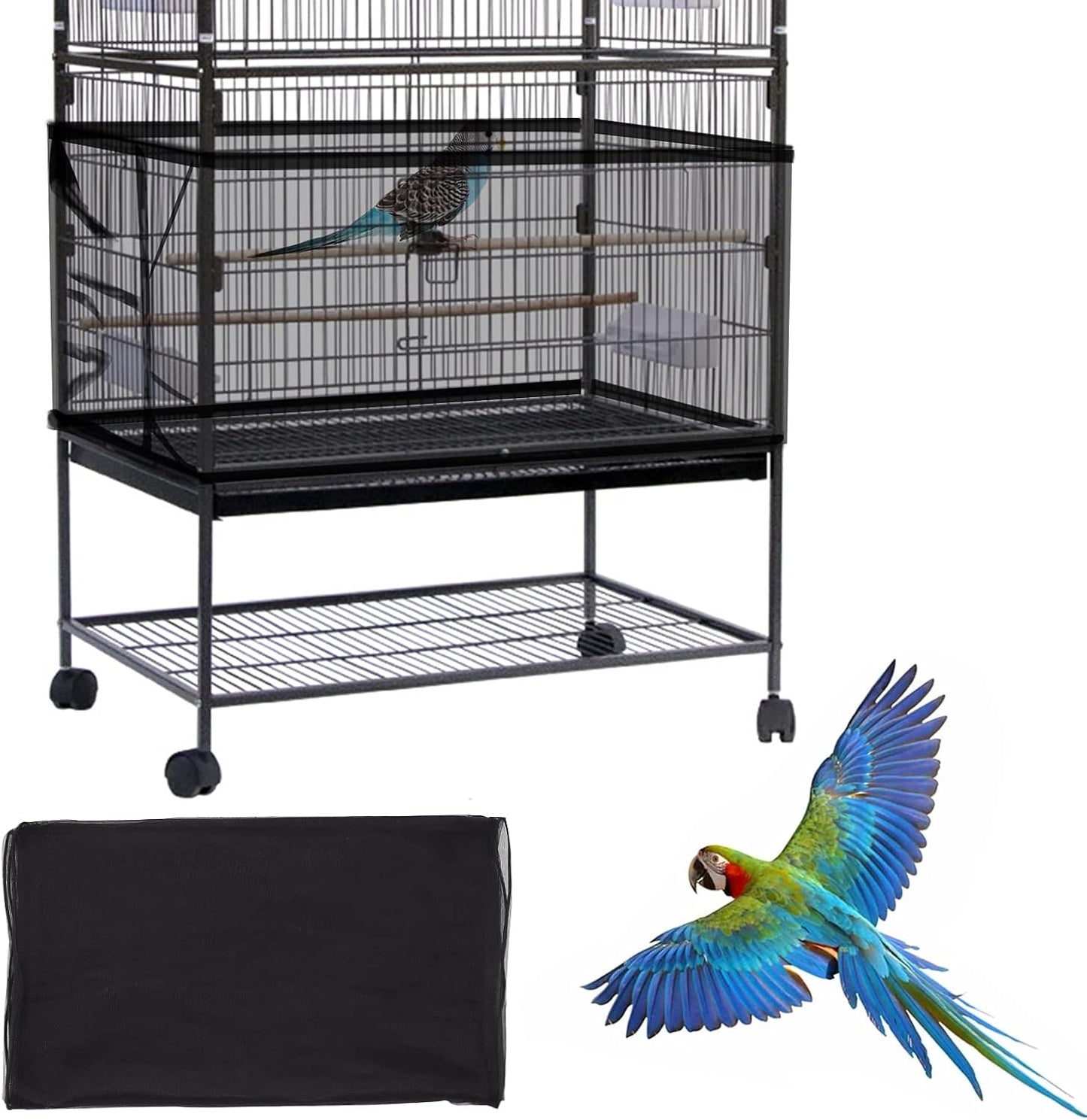 Daoeny large bird cage cover front view showing black adjustable nylon mesh skirt on cage.