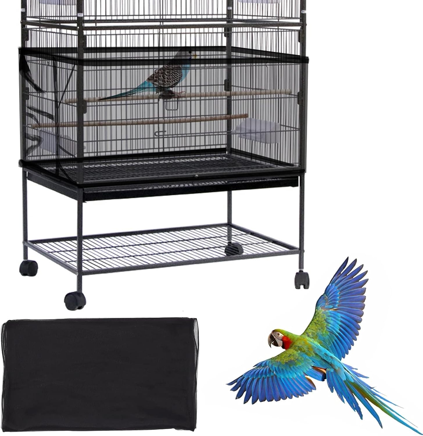 Daoeny large bird cage cover front view showing black adjustable nylon mesh skirt on cage.