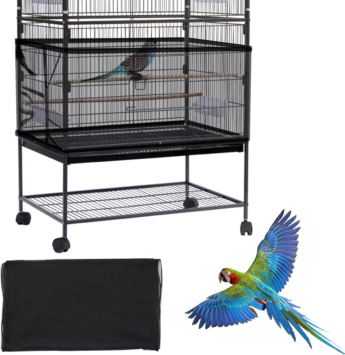 Daoeny large bird cage cover black mesh seed catcher front view