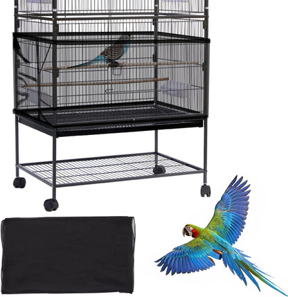Daoeny large bird cage cover front view showing black adjustable nylon mesh skirt on cage.