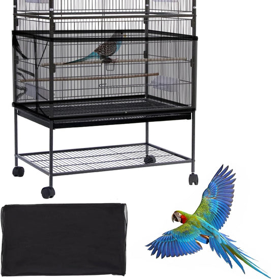 Daoeny large bird cage cover front view showing black adjustable nylon mesh skirt on cage.