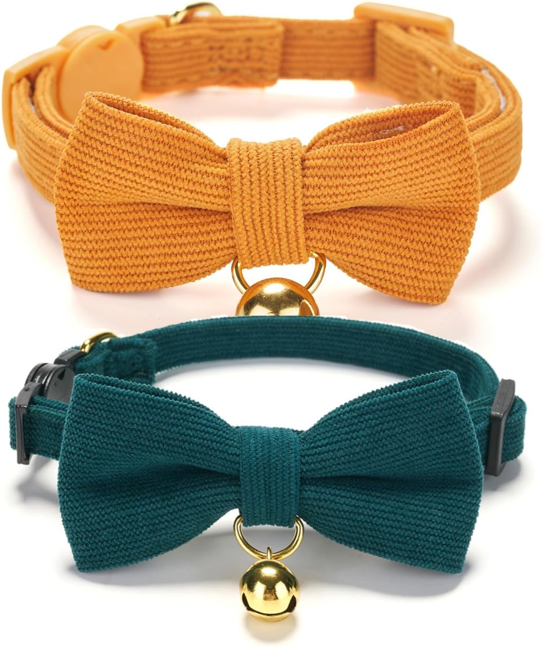 Ewinoom soft corduroy cat collars 2 pack front view showing orange and dark green variants with removable bowties.