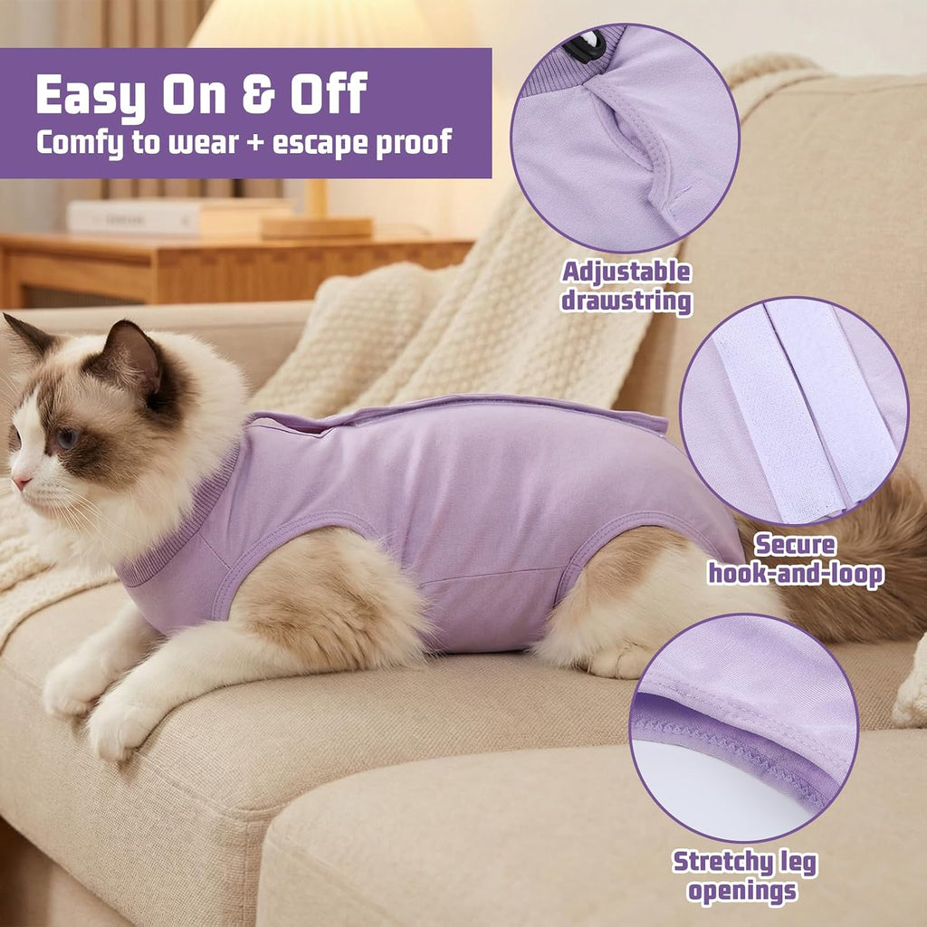 Cat wearing breathable recovery suit purple color