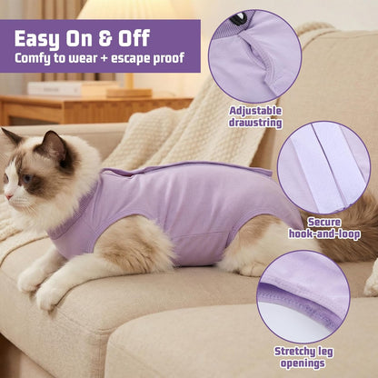 Cat wearing breathable recovery suit purple color