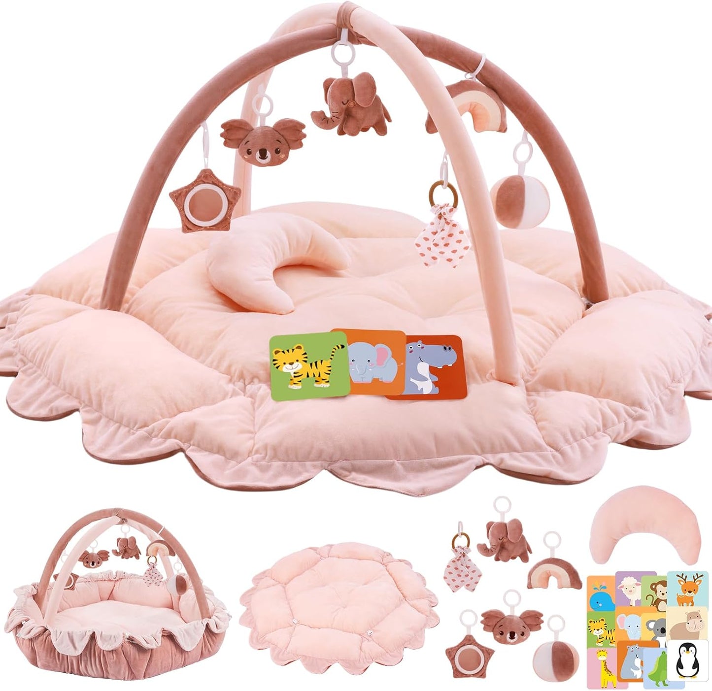 Arabest 5-in-1 plush baby play gym front view with pink mat