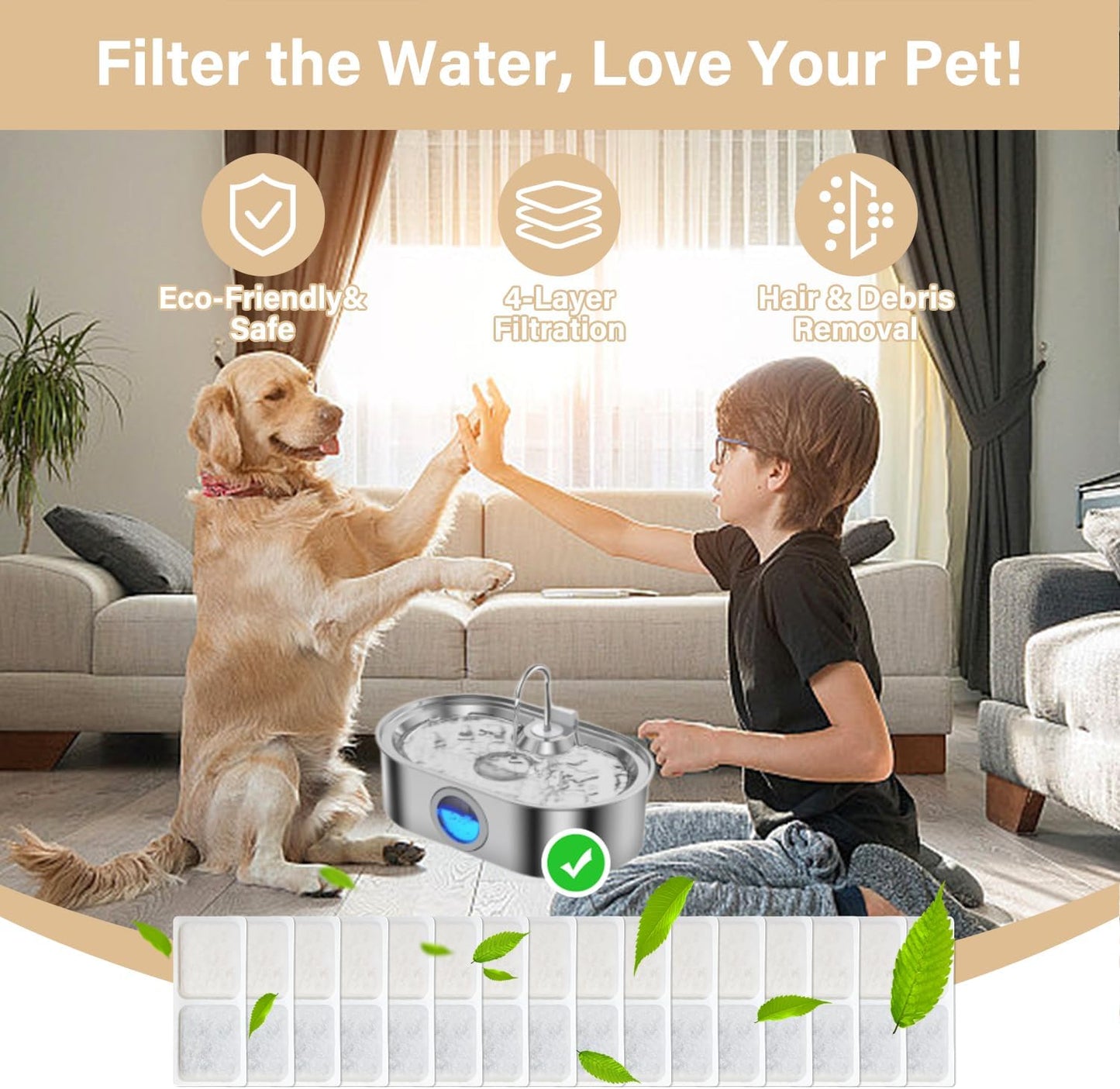 Close up of 16 charcoal filters and 16 pump sponges for pets
