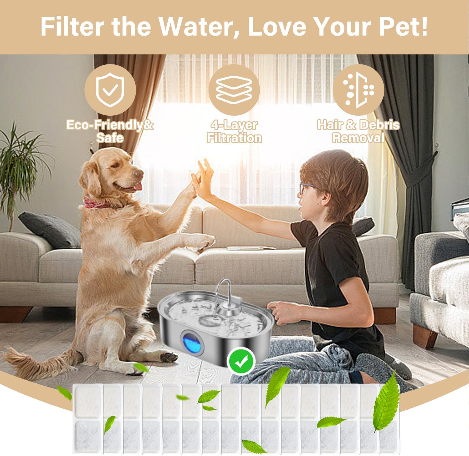 Close up of 16 charcoal filters and 16 pump sponges for pets