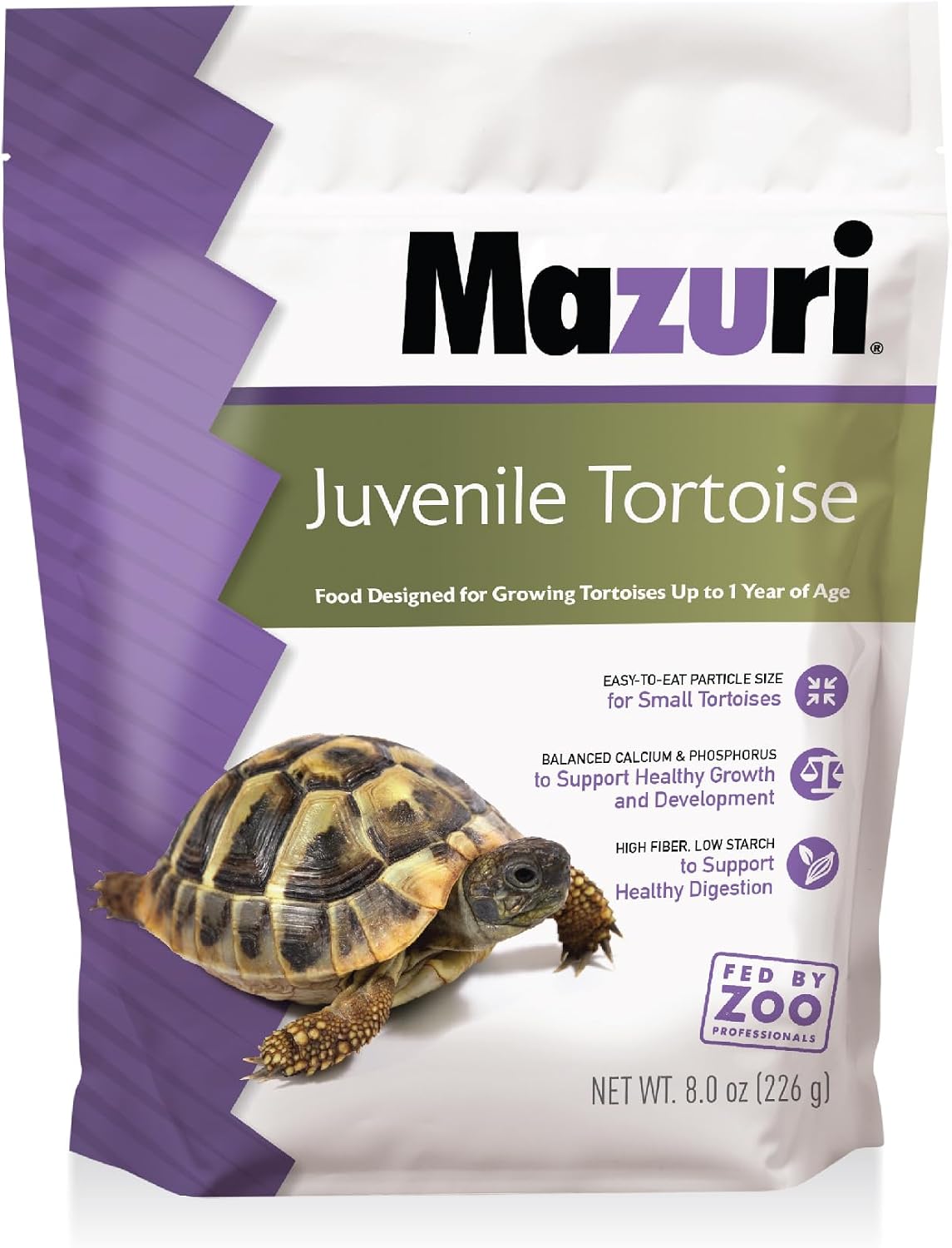 Mazuri Juvenile Tortoise Food 8 Ounce bag front view authentic premium reptile diet