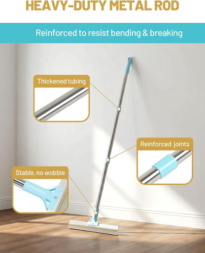 Delomo carpet scraper broom showing versatility on hardwood floors