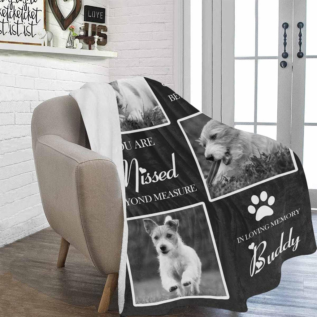 Artsadd pet loss keepsake blanket displayed on a living room sofa